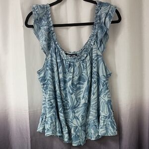 Nautica Jeans Blue Palm Print Ruffled Sleeveless Top M